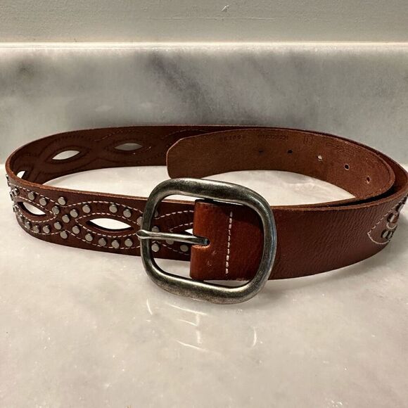 Vintage Fossil Genuine Leather Cutout Brushed Nickel Studs Waist Belt Brown Larg - Picture 3 of 5
